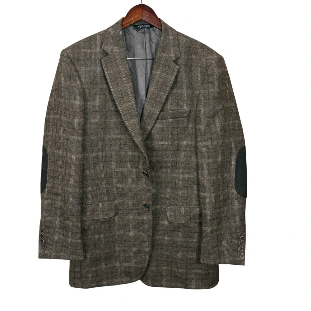 Jos A Bank 42L Brown Blazer Windowpane Wool Elbow Patch 2 Button Jacket